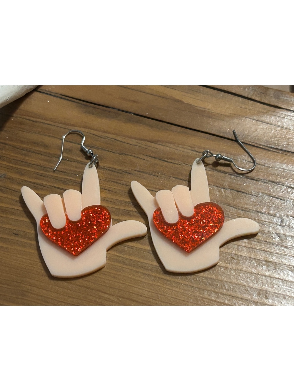 Cute Hand Gesture Earrings I Love You with Red Glitter Hearts